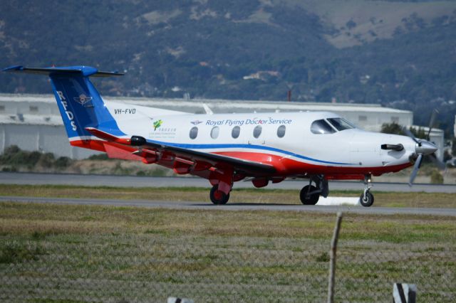 Pilatus PC-12 (VH-FVD) - On taxiway heading for take-off on runway 05. Thursday, 8th May 2014.