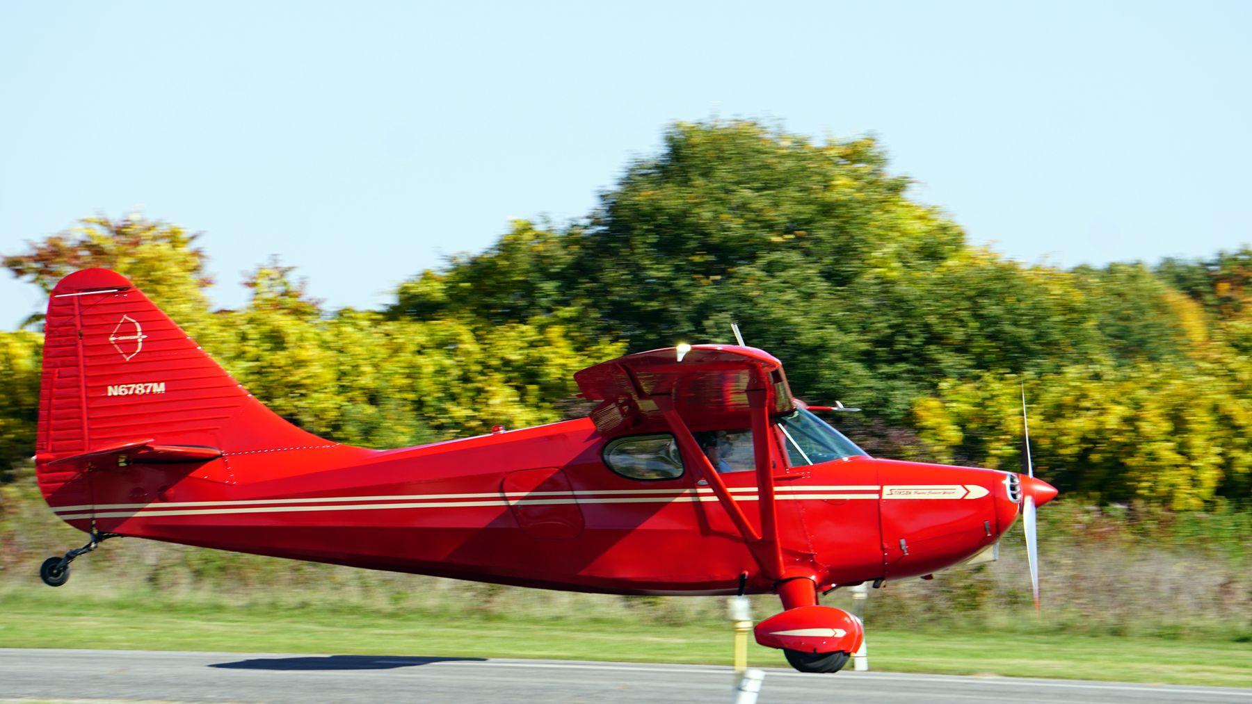 N6787M — - Stinson Sky Wagon taking off October 17, 2022 at South Albany Airport during their 75th anniversayr WIngs and Wheels open house