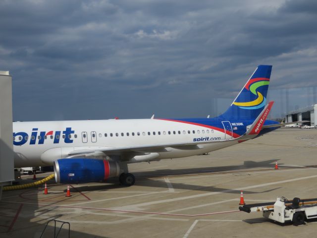 Airbus A320 (N636NK) - Terminal view of a Spirit A320 at Cleveland Hopkins Airport.