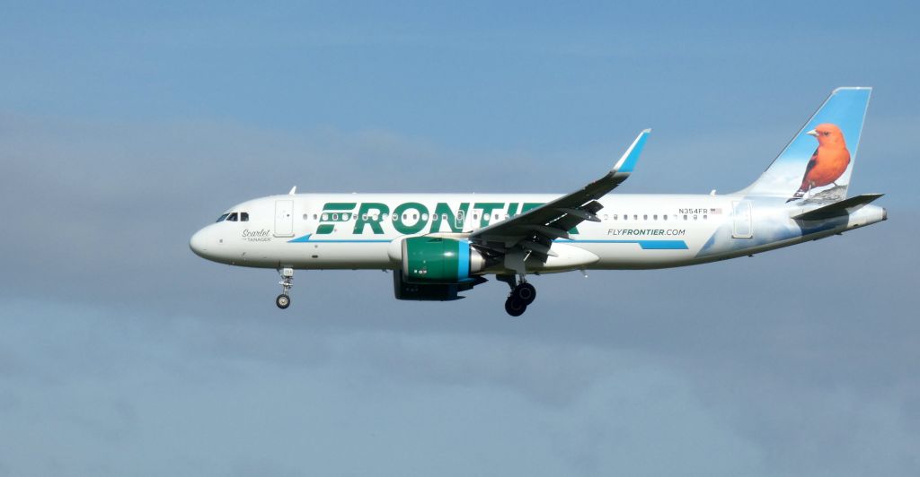 Airbus A320neo (N354FR) - On short final is this 2019 Frontier Airlines Airbus 320-251N with "Scarlet" the Tanager riding the tail in the Autumn of 2022.
