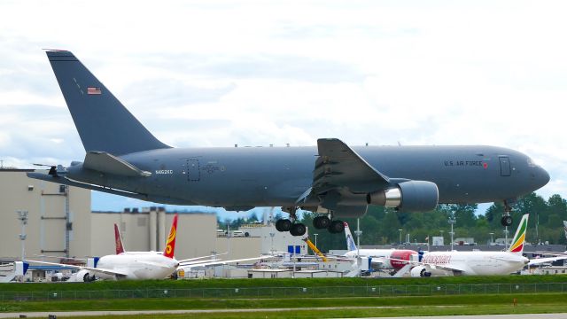 Boeing Pegasus (N462KC) - BOE462 from KBFI on short final to Rwy 16R for a touch-n-go landing on 5.12.20. (11-46004 / KC-46A / ln 1069 / cn 41275).