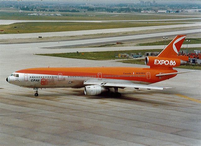 McDonnell Douglas DC-10 (N1836U) - this CP AIR DC-10-10,taken back in the mid 8os.Taken at lester B. pearson intl,CYYZ/YYZ.Toronto,canada(malton) Unfortunately this photo scanned from original,so it did not come out as clear.