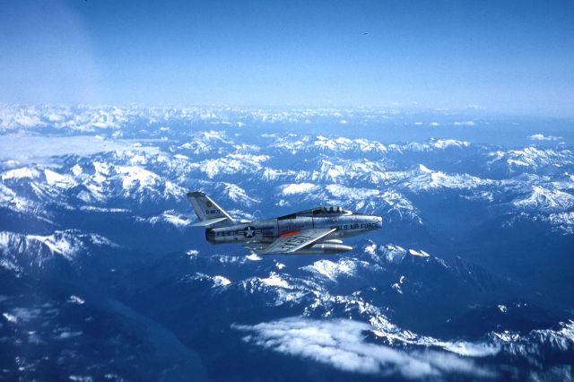 — — - Republic F-84F, 162nd TFS  over the Cascade Range- 1962. Photo by Dad with an old 35mm Nikkon.