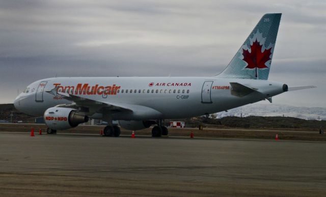 Airbus A319 (C-GBIP) - NDP leader Tom Mulcair visiting Nunavuts capital of Iqaluit, Sept 29 - 30, 2015. 