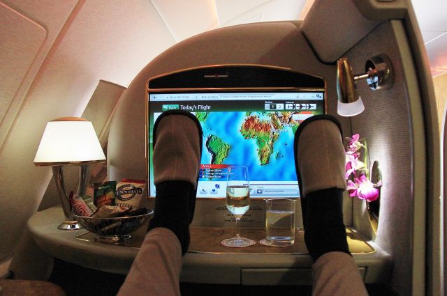 Airbus A380-800 — - Emirates Firat Class Suite with Pyjama and Bathing Shoes after Showers