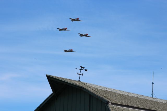 North American T-6 Texan — - Geico Sky Typers over an Oshkosh Barn.
