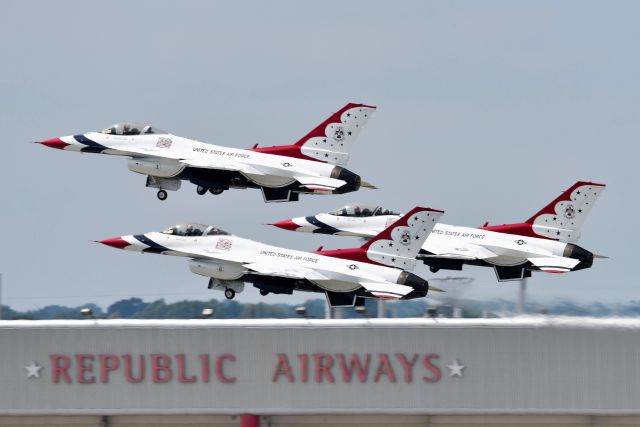 Lockheed F-16 Fighting Falcon — - This was a pleasant surprise. All Eight of the T-birds F-16's diverted into IND yesterday, 08-29-22 due weather while heading   KSWF-KGCK. Here three of them shown departing 23-R.