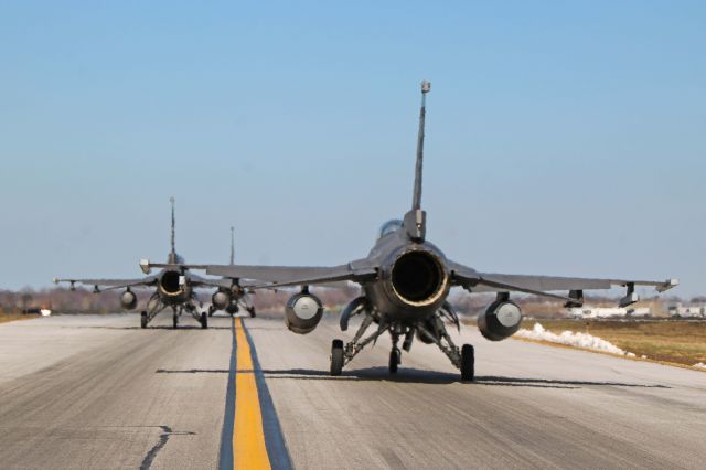 Lockheed F-16 Fighting Falcon (89-2112) - Three USAF Lockheed F-16CM’s from the 180th Fighter Wing, 112th Fighter Squadron (Stingers) based at Toledo Express Airport (KTOL) taxiing to the ramp on TWY Lima after performing a flyover before the Cleveland Indians home opener on 1 Apr 2019. Pictured here are 88-0527, 89-2112, and 89-2085. 