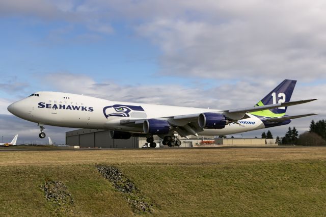 BOEING 747-8 (N770BA) - Boeing joins the entire Pacific Northwest in wishing the Seahawks good luck in the Superbowl! GO HAWKS!