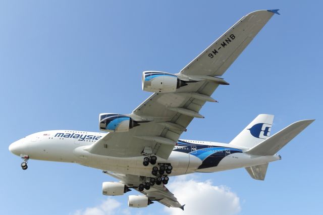 Airbus A380-800 (9M-MNB) - About to touch down on runway 027R at LHR.