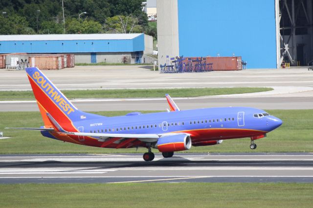 Boeing 737-700 (N477WN) - Southwest Flight 47 (N477WN) arrives at Tampa International Airport following a flight from Manchester Boston Regional Airport