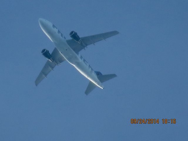 Airbus A319 (N951FR) - Frontier flight 226 from DEN to Branson Mo over Baxter Springs Kansas (78KS) at 21,525 feet.