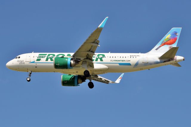 N317FR — - I call this one the area code aircraft as the area code for IND is 317. Anyway, t.m.i., right? Frontiers beautiful "Georgia" the Painted Bunting A32N N317FR shown arriving 23-R on 04-24-23