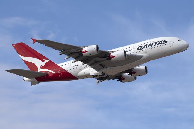 Airbus A380-800 (VH-OQH) - A very rare sight. Qantas 8 Super taking off from runway 36R at Dallas/Fort Worth International Airport for Sydney after incurring a massive delay that resulted in a day time departure.