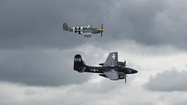 N6178C — - Historic Flight Foundations Grumman F7F-3 and North American P-51B Mustang #N5087F make a low pass during their "Shakedown" day 4/20/13.