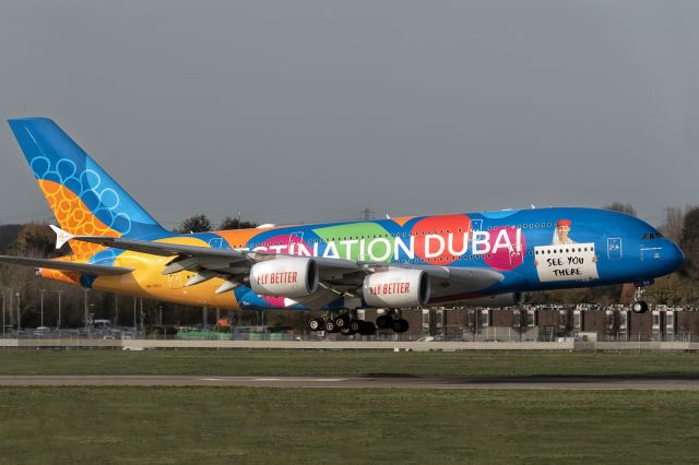 Airbus A380-800 (A6-EEU) - 7th March, 2025: Another daily Dubai shuttle EK 031 - wearing yet another banal Dubai ad - is about to touch down on runway 09L at Heathrow. 