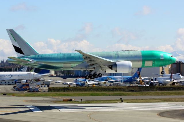 Boeing 777-200 (A6-EFK) - Emirates SkyCargo 777F A6-EFK landing at Paine Field after a test flight March 8, 2013.