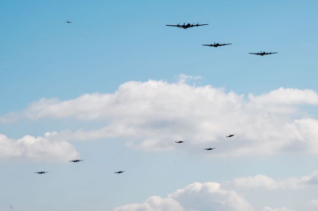 — — - A B-29, 2 B-17s, 6 B-25s, and a P-51