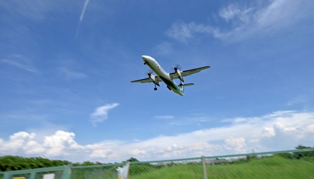 de Havilland Dash 8-400 (JA461A) - 24.Jul.2024br /On the Senri River riverbed at Osaka (Itami) International Airport.br /ANA WINGS(All Nippon Airways Grupe) Bombardier DHC-8(JA461A).br /Photographed with a wide-angle lens against the backdrop of a summer sky.br /Trimming.
