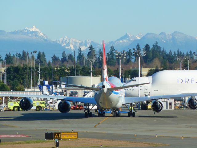 N5573S — - 2-1-2011 Cargolux (testing) Boeing 747-8F N5573S parked on Boeing Ramp after landing at Paine Field, Everett, Washington  ||||  Photo by Bruce McKinnon