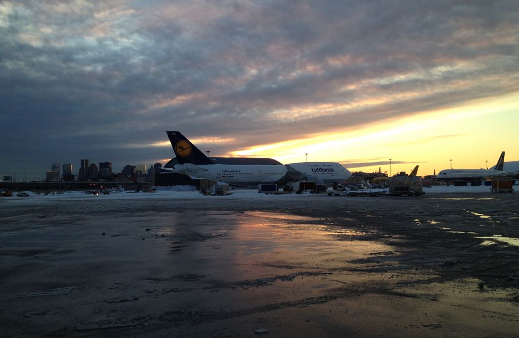 Boeing 747-400 (D-ABVH) - last light on The Hub skyline and City of Dusseldorf D-ABVH LH B747-400