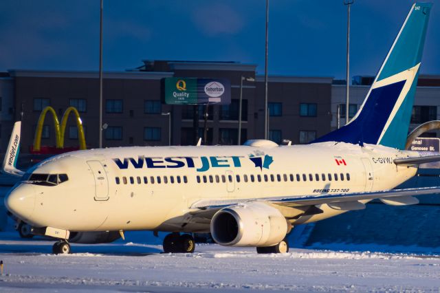 Boeing 737-700 (C-GVWJ) - Year: 2008br /Make: Boeingbr /Model: 737-7CTbr /Opby: WestJetbr /br /Notes: Diverted to BUF on 01-12-24 enroute to YYZ from AUA due to WX. Departed to YYZ from BUF on 01-16-24 as WJA8981. Photo taken prior to departure on 01-16-24.