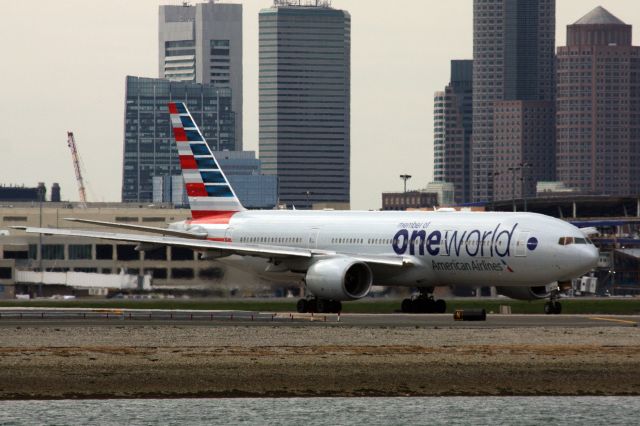 Boeing 777-200 (N796AN) - American B777-200 in One World livery taxi's for departure to runway 22R operating BOS-MIA on 5/2/21. 