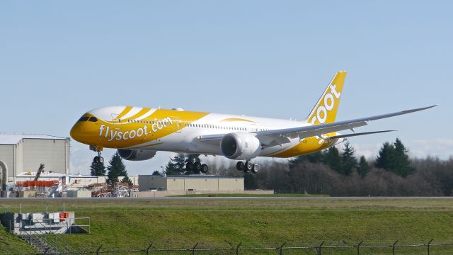 Boeing 787-9 Dreamliner (9V-OJB) - BOE128 on short final to Rwy 34L to complete its B1 flight on 2/21/15. (ln 272 / cn 37113). This is the second Dreamliner for Scoot. The aircraft is named "Barry".