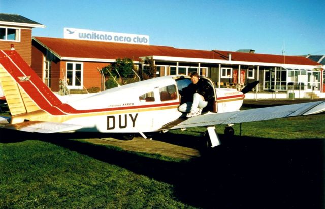 Piper Cherokee Arrow (ZK-DUY) - A frosty morning pre-flighting at Hamilton Aeroclub in Winter 1997, enroute to Cape Reinga from Christchurch. A photo scan from old analogue film.