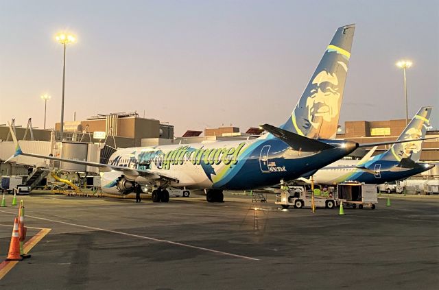 Boeing 737 MAX 9 (N913AK) - side by side  MAX 9'sbr /Sunrise - Gift of Travel Special Livery @ KBOS 11-26-22