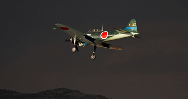 Mitsubishi A6M Zero (N712Z) - This last-moments-of-twilight snap of the Commemorative Air Force Southern California Wing's Zero (N716Z) was clicked using ambient light.  Only six or seven minutes later, it had become so dark that there would have been no hope of getting sharp focus on the dark airplane against the night sky backdrop.