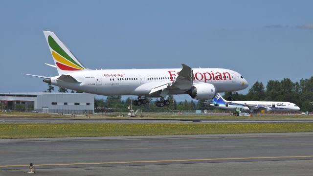 Boeing 787-8 (ET-AOQ) - BOE262 on short final to runway 34L on 7/25/12 to complete a flight from KFTW where it was painted. The plane is a B787-860, c/n 34745, LN:49. Its the first 787 in complete ETH livery.