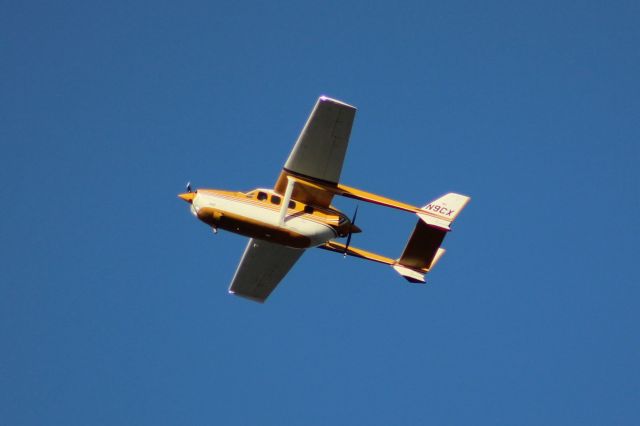 Cessna T337G Pressurized Skymaster (N9CX) - Cessna N9CX, a T337G Pressurized Skymaster (P337) departs MYF 06FEB2020. Telephoto taken approx 1608 while sitting on my balcony in the community of Clairemont, San Diego CA during one of my favorite pastimes: watching the planes go by.