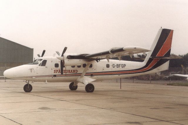 De Havilland Canada Twin Otter (G-BFGP) - Seen here in Jun-84.br /br /Transferred to Canada 26-Mar-91 as C-GKBX,br /exported to Antigua 21-Dec-94 as VP-LVT,br /reverted to C-GKBX 2-Feb-96,br /exported to Maldives 20-Mar-01 as 8Q-MAP,br /reregistered C-FKBX 24-Jun-05,br /exported back to Maldives 5-Oct-05 as 8Q-MAP,br /reverted to C-FKBX 3-Jun-09,br /then exported back to Maldives 7-Jan-10 as 8Q-MAP for Trans Maldivian Airways.