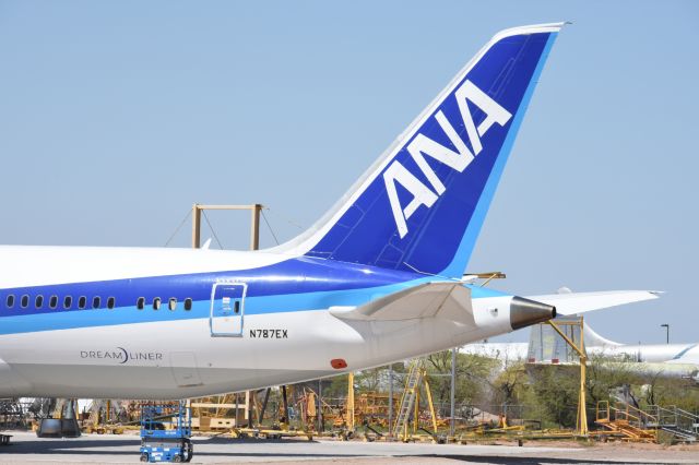 Boeing 787-8 (N787EX) - 03/27/2015 Pima Air Museum AZ, Pulling engines. Will be staying here. Boeing  Dream Liner