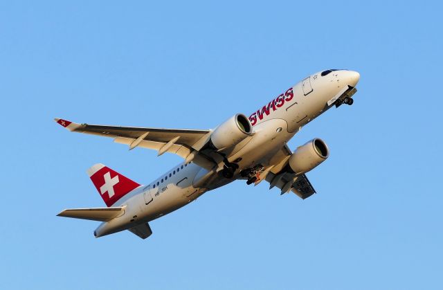 Airbus A220-100 (HB-JBH) - Shortly after takeoff, July 16, 2019. 