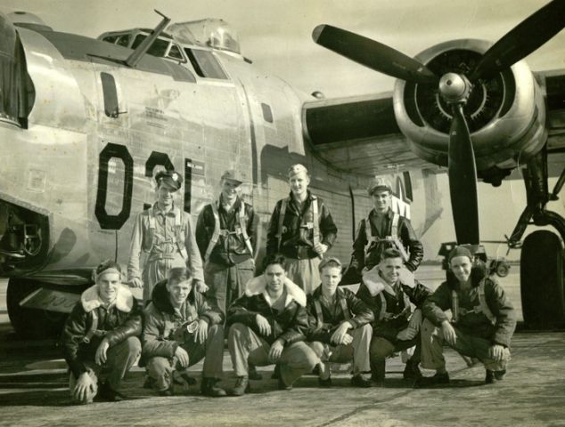 Consolidated B-24 Liberator — - Posted with the okay from Nate P. and his uncle.br /br /Picture taken Mitchell Airfield NYbr /br /Back Row: Pilot Will Graham † Copilot Al Kramer, Navigator M Gwinna * , Bombardier Benny Benicoff, Front Row: Ball Turret Mal Jennings*, Tail Turret Joe Powliski, Engineer Jim Jacks† , John Scott*, Top turret Nathaniel Crowley, Radio Bob Crow *German POW all returned after WWIIbr /br /† Killed in action over Budapestbr /br /* German POW all returned after WWII