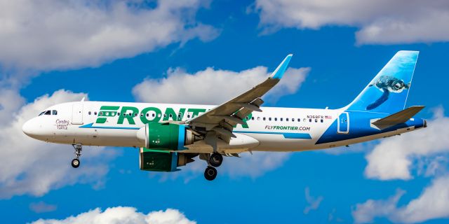Airbus A320neo (N368FR) - A Frontier Airlines A320 neo "Cortez the Green Turtle" landing at PHX on 2/28/23. Taken with a Canon R7 and Canon EF 100-400 L ii.