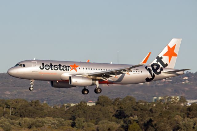 Airbus A320 (VH-VFV) - Airbus A320 Jetstar VH-VFV PER/YPPH 3-09-16. Threshold R03, photo from the public viewing area Perth International Airport.