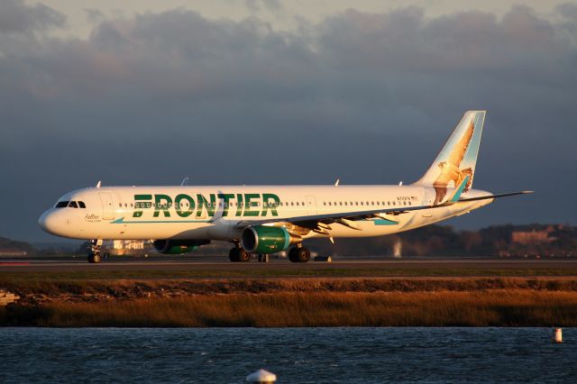 Airbus A321 (N710FR) - This Frontier A321 diverted from PVD to BOS due to weather - departing next day. 