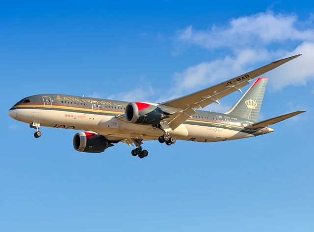 Boeing 787-8 (JY-BAB) - Royal Jordanian 267 landing on runway 3R at DTW after a quick flight over from Montreal.