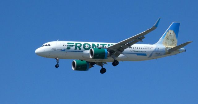 Airbus A320neo (N303FR) - On final is this 2016 Frontier Airlines Airbus A320-251N with "Poppy" the Prairie Dog looking on in the Spring of 2021.