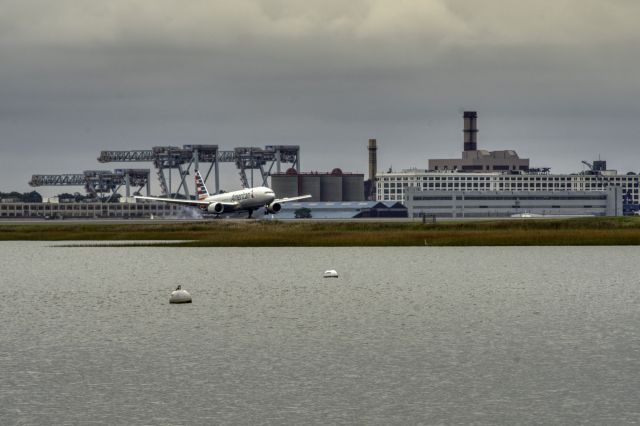 Boeing 777-200 — - Boeing 777 at Logan Airport in Boston, taken from the end of Sargent Street, in Winthrop, MA