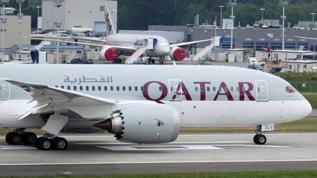 Boeing 787-8 (A78CV) - Qatars newest B788 lining up on 16R for its delivery flight on Friday, 22 May, 2015