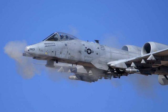 82-0663 — - Fairchild-Republic OA-10A Thunderbolt II 82-0663 of the 354th Fighter Squadron Bulldogs fires its GAU-8 gatling cannon at the Goldwater Range, Arizona.