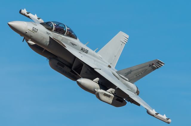 McDonnell Douglas FA-18 Hornet (16-8264) - EA18 Growler out of Whidbey Island NAS departing Boise and doing a wing wave at the Idaho Army and Air National Guard. 