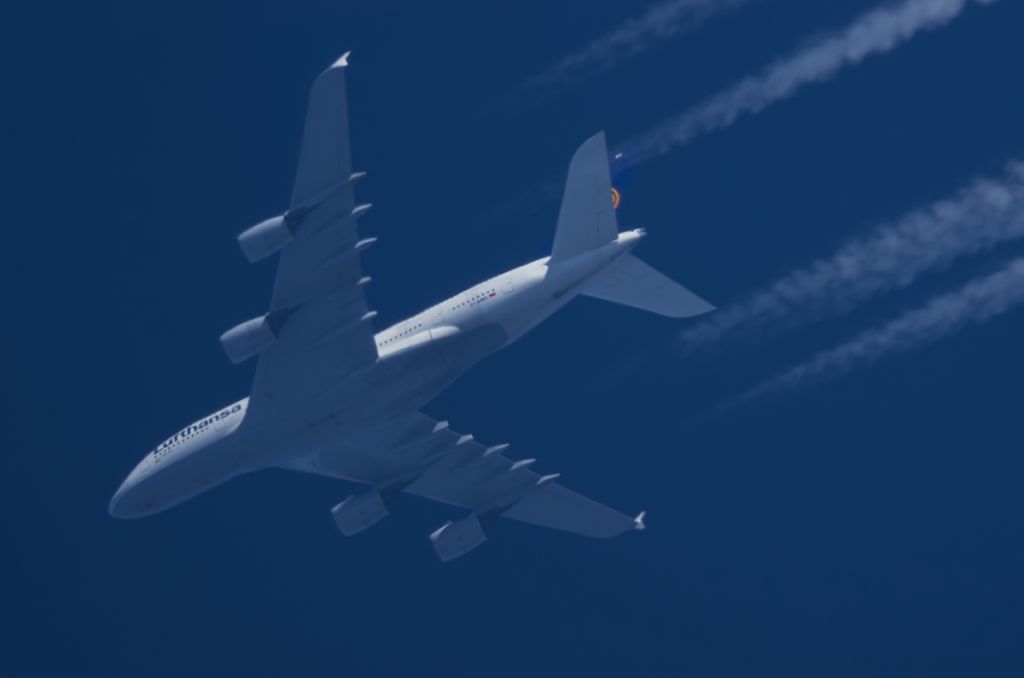 Airbus A380-800 (D-AIMG) - 18-4-2015. Lufthansa Airlines Airbus A380 D-AIMG Passes overhead West Lancashire,England,UK at altitude 32,000ft working route Frankfurt-Los Angeles LAX. DLH456.br /br /Pentax K-5.