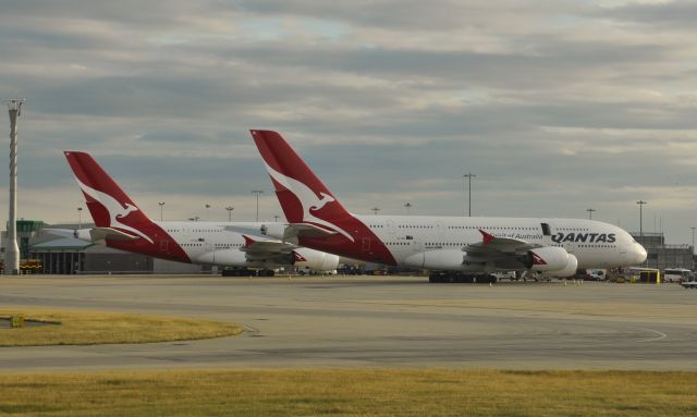 Airbus A380-800 (VH-OQL) - Two brothers together at the sunset at London Heathrow Airport !! Two Qantas Airbus A380-842 VH-OQL ; VH-OQK