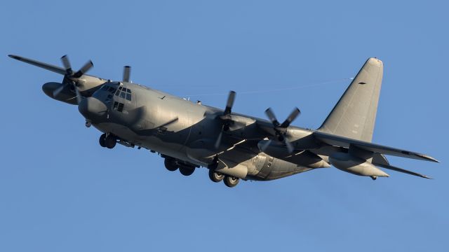 Lockheed C-130 Hercules — - Lucky to get this one, as it turned onto short final while I was still on my bike!