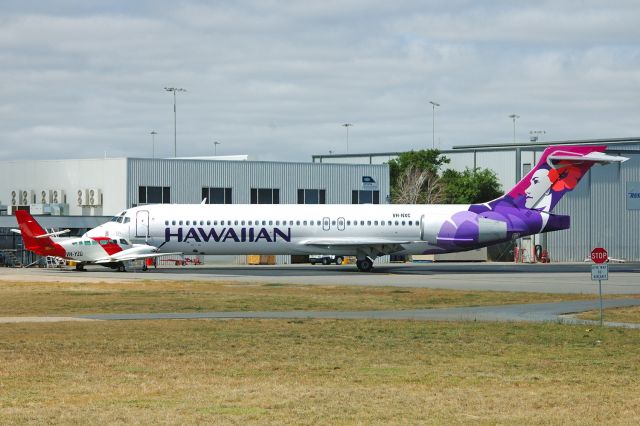 Boeing 717-200 (VH-NXC) - There's been a lot of good commentary on Joan Williams pic of N495HA and I thought there may interest in this pic. Taken October 19, 2010, VH-NXC was being readied for flight to Hawaii. It had been in QantasLink service and became N490HA with Hawaiian. VH-NXB was also sold to Hawaiian and became N489HA - no pics by me:(